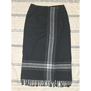 VTG Blk Michelle Blanket Skirt Womens 8, Wool Blend, Fringe Western, Plaid